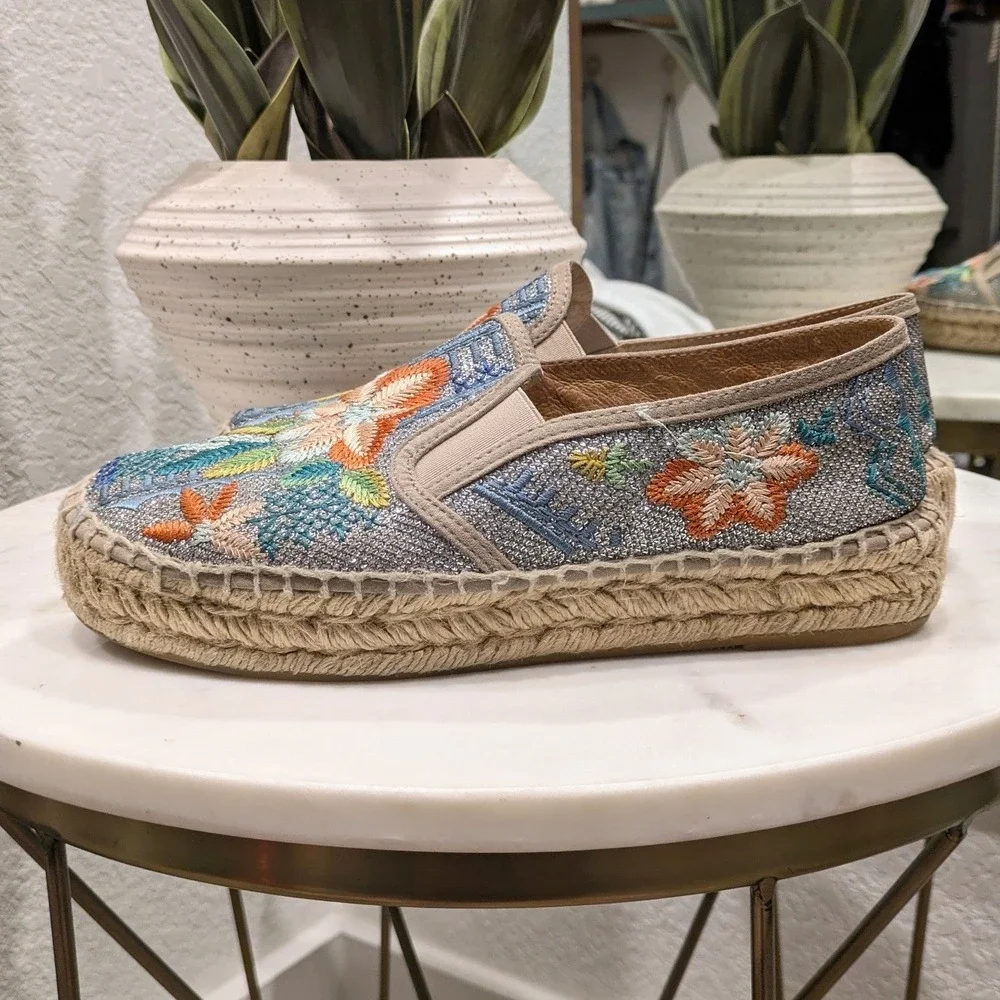 Johnny Was Elysia Metallic Floral Embroidered Espadrille Sz 39 Blue Boho Slip On